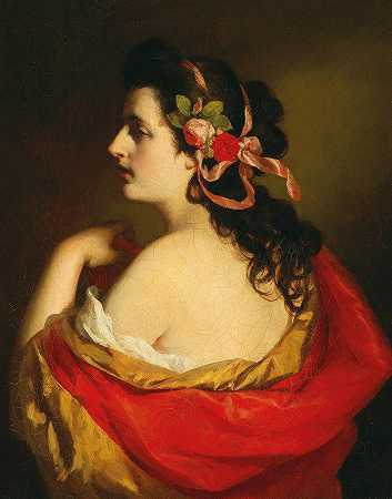 弗里德里希·冯·阿默林（Friedrich von Amerling）的《一个年轻女孩的侧面肖像，头发上有带子》
