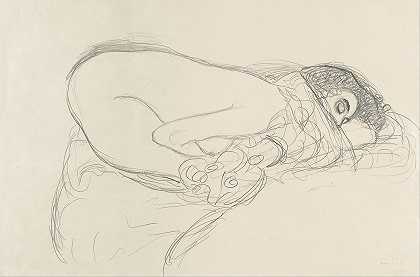 古斯塔夫·克里姆特的《半裸体前倾》（绘画《莱达》的准备工作）