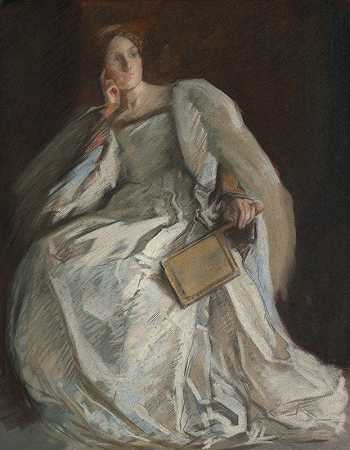 埃德温·奥斯汀·艾比（Edwin Austin Abbey）的《白衣女士坐在座位上。右手对下巴。握着扇子》