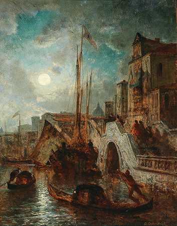 “威尼斯，月光下的运河，背景是安德烈亚斯·阿肯巴赫的圣玛丽亚·德拉致敬