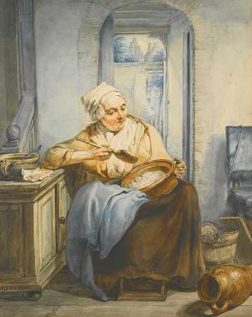 雅各布·范·斯特里吉的《一位老太太准备食物的室内》