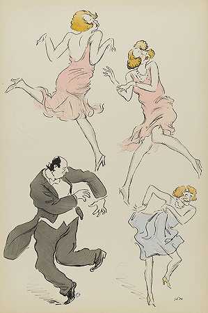 莫里斯·德罗斯柴尔德（Maurice de Rothschild），塞西尔·索雷尔（Cécile Sorel）穿蓝色，乔治·古尔萨特（Georges Goursat）穿粉红色（SEM）
