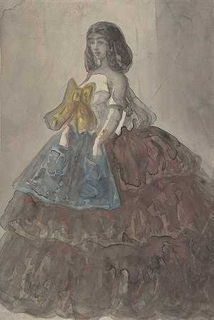 康斯坦丁·盖伊的《穿着大蝴蝶结的分层礼服的女人》