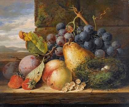 爱德华·拉德尔的《鸟巢、梨、桃、葡萄、草莓和李子的静物》