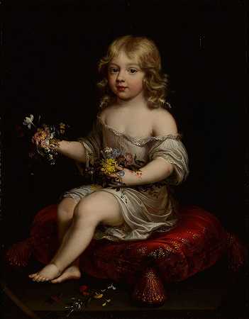 皮埃尔·米格纳德的追随者拍摄的一个坐在垫子上拿着鲜花的年轻男孩的肖像