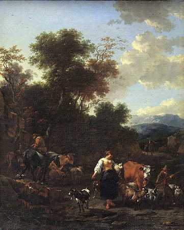 《意大利风景与牧羊人在河边》，作者：尼古拉斯·皮特斯