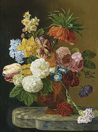 乔治·雅各布斯·约翰内斯·范·奥斯的《花瓶里有玫瑰、牡丹、郁金香、水仙花、康乃馨和其他花朵的静物》