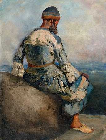 埃德温·洛德·威克斯的《坐在岩石上的波斯农民》