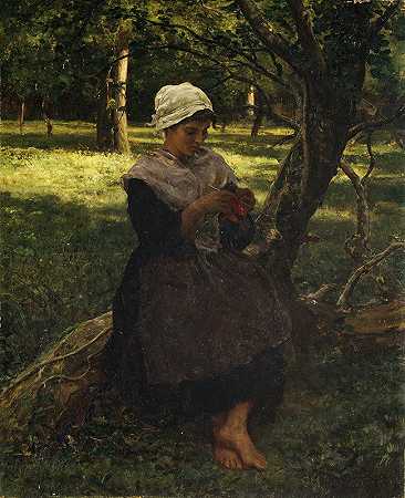 Jules Breton的《一个农民女孩编织》