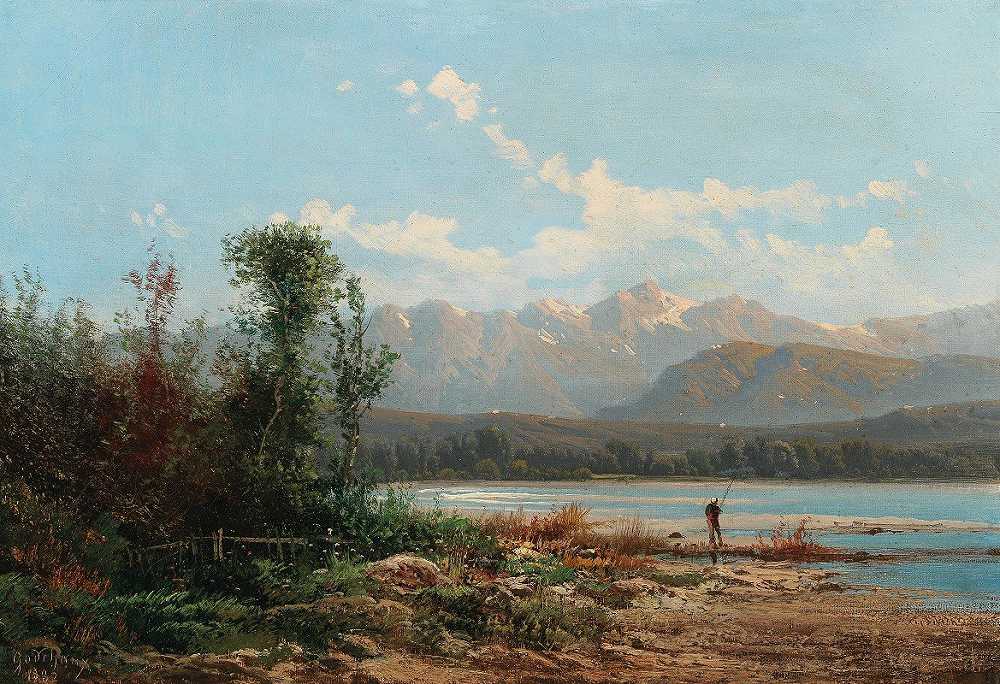 阿尔弗雷德·戈德肖（Alfred Godhaux）的《带渔夫的山地湖泊风景》