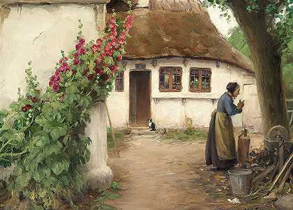 汉斯·安徒森·布伦德基德（Hans Andersen Brendekilde）的《一个妻子在一个有红色石墙的农舍》