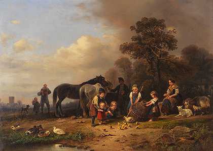 威廉·亚历山大·梅耶海姆（Wilhelm Alexander Meyerheim）的《乡村乐趣：一家人带着一篮子小鸡》