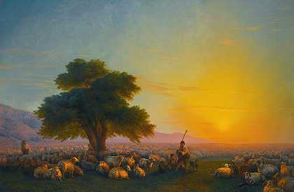伊万·康斯坦丁诺维奇·艾瓦佐夫斯基的《日落时牧羊人与羊群》