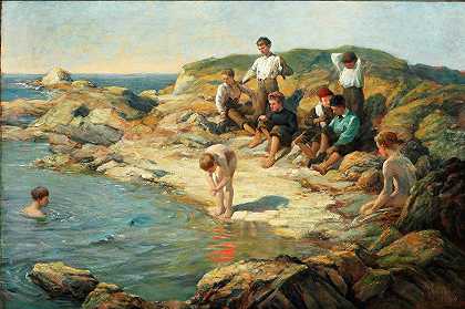 威廉·普拉特的《男孩在岩石海岸游泳》