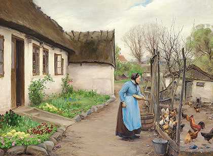 汉斯·安徒森·布伦德基尔德的《秋天的一天，妻子在粉刷过的农舍前喂鸡》