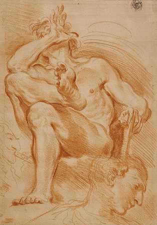 多梅尼科·玛丽亚·卡努蒂（Domenico Maria Canuti）的《研究表：一个坐着的裸体男人，一个年轻的头和一个吹管的男人的漫画头》