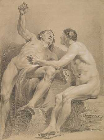 Jakob Matthias Schmutzer的《两个男性裸体，一个坐着，一个半躺着》