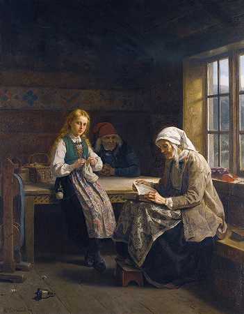 阿道夫·蒂德曼德（Adolph Tidemand）的《哈丹格室内，年轻女孩针织》（A Hardanger Interior，Young Girl Knitting）