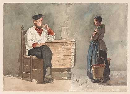 亨德里克·瓦尔肯堡的《抽烟的水手，带着轭和牛奶桶的女人》
