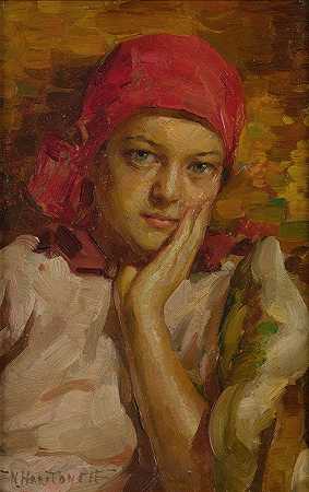 尼古拉斯·B·哈里托诺夫的《戴红围巾的女孩肖像》