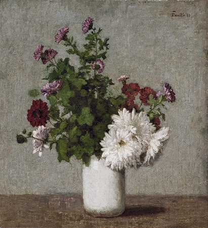 亨利·范丁·拉图尔的《花的静物，白色花瓶里的秋菊》