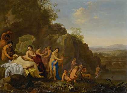 戴安娜和她的随从们在一幅风景画中，看到了科内利斯·范·波伦布尔（Cornelis Van Poelenburch）的狩猎战利品