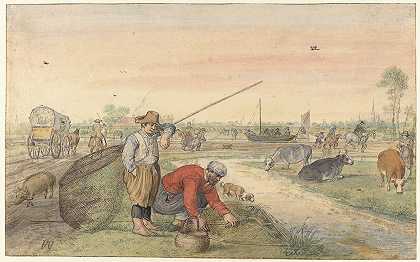 Hendrick Avercamp的《两个鳗鱼渔民在水沟边的风景》