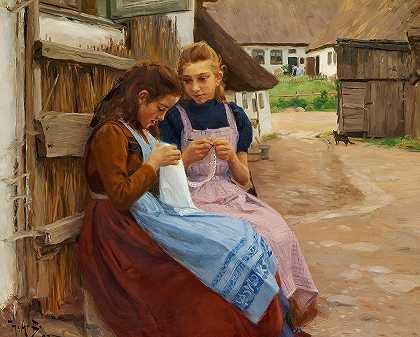 汉斯·安德森·布伦德基尔德的《两个手工女孩坐在院子里》