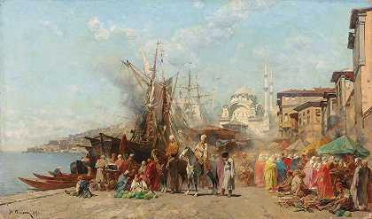“阿尔贝托·帕西尼（Alberto Pasini）在君士坦丁堡托潘（Tophane）Nusretiye Camii清真寺前的市场