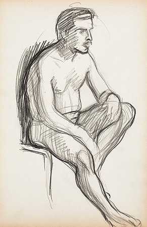 马格努斯·恩克尔（Magnus Enckell）的素描《裸体坐着的男人》