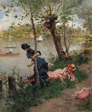 弗朗西斯科·米拉莱斯·加拉普的《优雅的女士在河边休息》