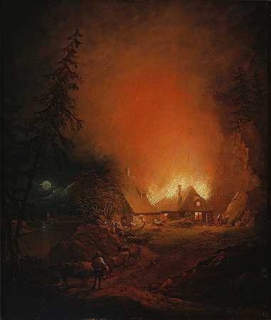 亚历山大·劳雷乌斯（Alexander Lauréus）的《农民住宅的夜晚之火》