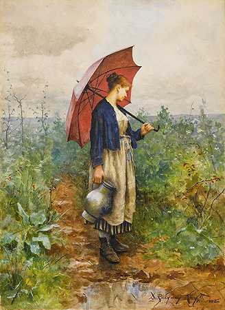丹尼尔·里奇维·奈特（Daniel Ridgway Knight）的《雨伞女子集水肖像》