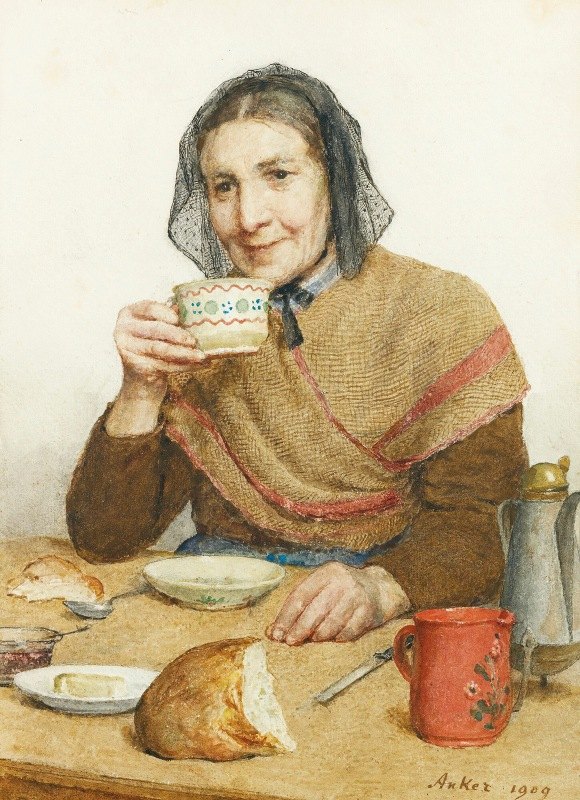 阿尔伯特·安克的《手里拿着杯子的坐着的农妇》