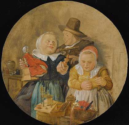 Jan Miense Molenaer的《一个拿着长笛的男人和两个玩玩具的孩子的室内》