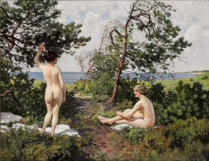保罗·费舍尔（Paul Fischer）《两个在霍恩贝克海岸灌木丛中洗澡的女孩》