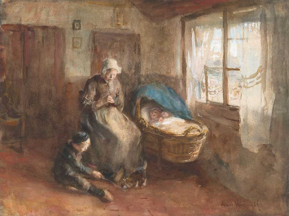 阿尔伯特·纽休斯（Albert Neuhuys）的《婴儿床上的女人和地上的男孩》
