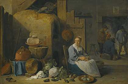 《一个谷仓内部，一个女佣在准备蔬菜》，作者：David Teniers The Younger