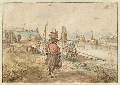 Hendrick Avercamp的《头上提着篮子的女人、城墙附近的渔民和其他人物的河流风景》
