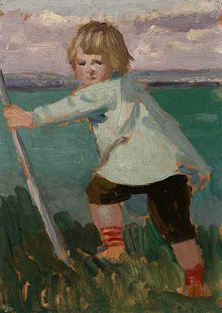 奥古斯都·约翰的《悬崖上的男孩靠在棍子上》