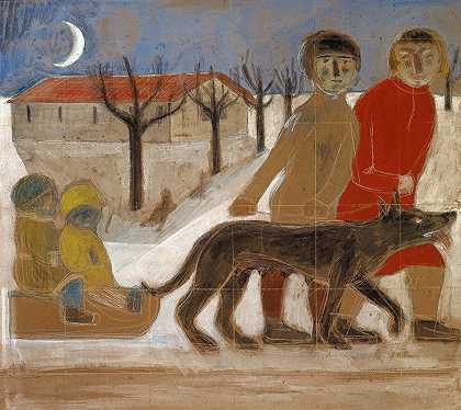 保罗·王尔德的《壁画研究：带雪橇的孩子》