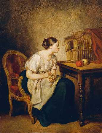 Octave Tassaert的《带鸟笼的年轻女人》