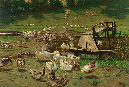 阿道夫·林斯的《夏日，池塘边的鹅》