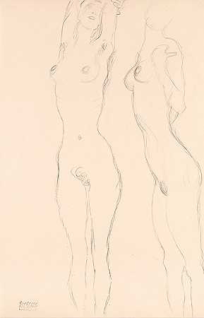 古斯塔夫·克里姆特（Gustav Klimt）的《两个裸体，左边一个举起双臂》