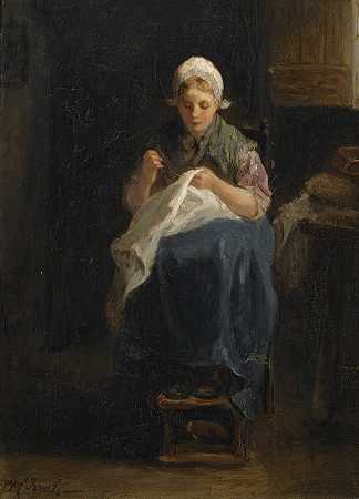 Jozef Israëls的《一个缝纫的农民女孩》
