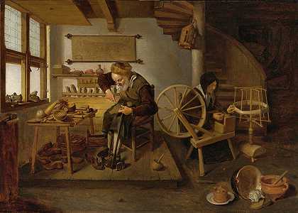 Quirijn Van Breklenkam的《一个上班的混蛋，他的妻子在纺羊毛》
