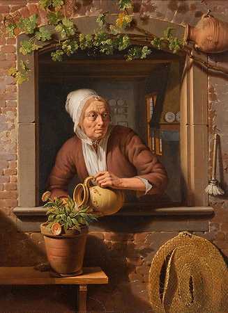 西蒙·贝桑格（Simon Besanger）的《一位农妇在木桌上浇花盆，背景是她家的内部景色》