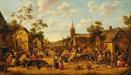 Joost Cornelisz Droochsloot的一个村庄场景，农民们在这里大吃大喝，聊天