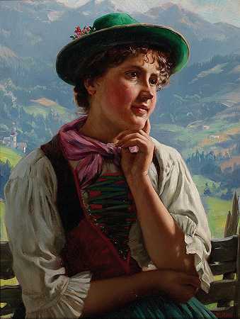 《阿尔卑斯山风景中穿着传统服装的女孩》埃米尔·劳著