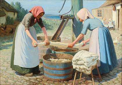 瓦尔德马尔·马加德的一对农民妻子在院子里洗衣服